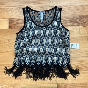 Gold Sequin top with fringe. NWT